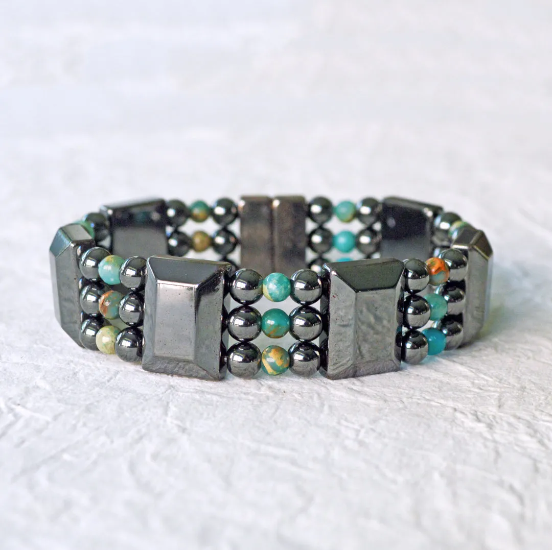 Black Hematite & Impression Jasper Triple Strand Magnetic Bracelet
